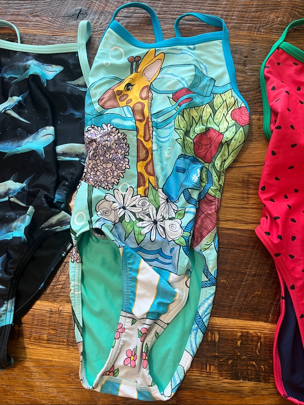 Kids One-Piece Swimsuit - Red Watermelon, Sharks, and Giraffe Prints - Picture 4 of 7